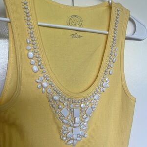 Michael Kors ribbed, embellished yellow tank top.  Cute beading.  Festival.